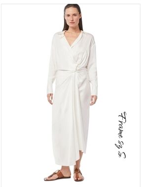 FRAME Twisted Wrap Shirt Dress Off White Satin Midi Asymmetrical New Small